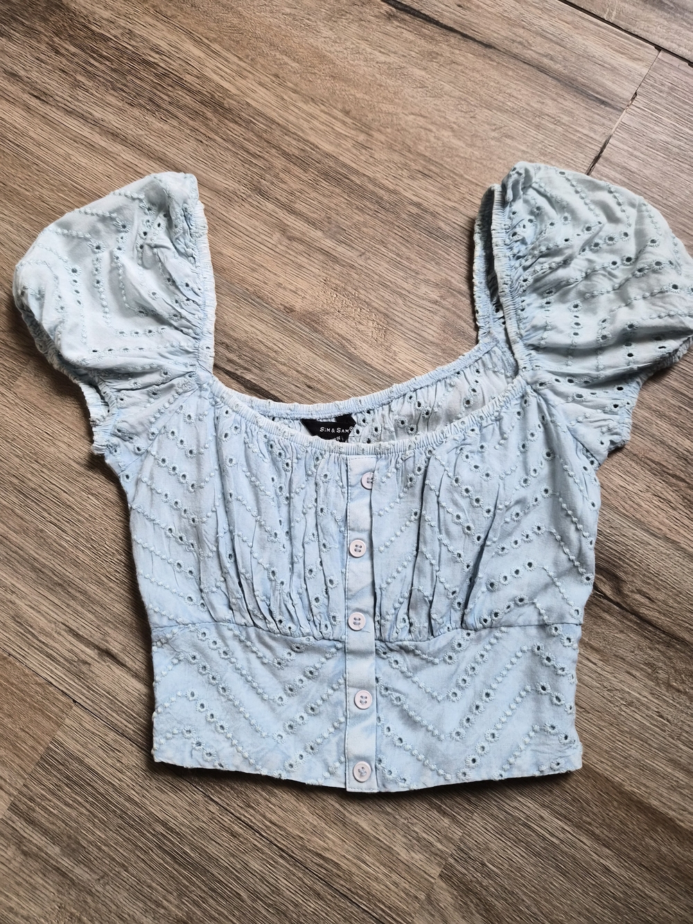 Sim And Sam Pale Blue Eyelet Puff-Sleeve Cropped Blouse